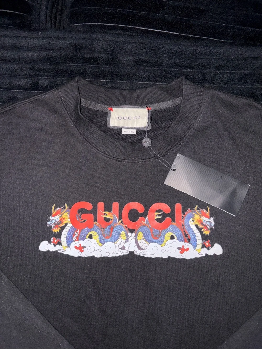 Gucci Black Crewneck Sweatshirt with Red Logo and Multicolor Embroidery
